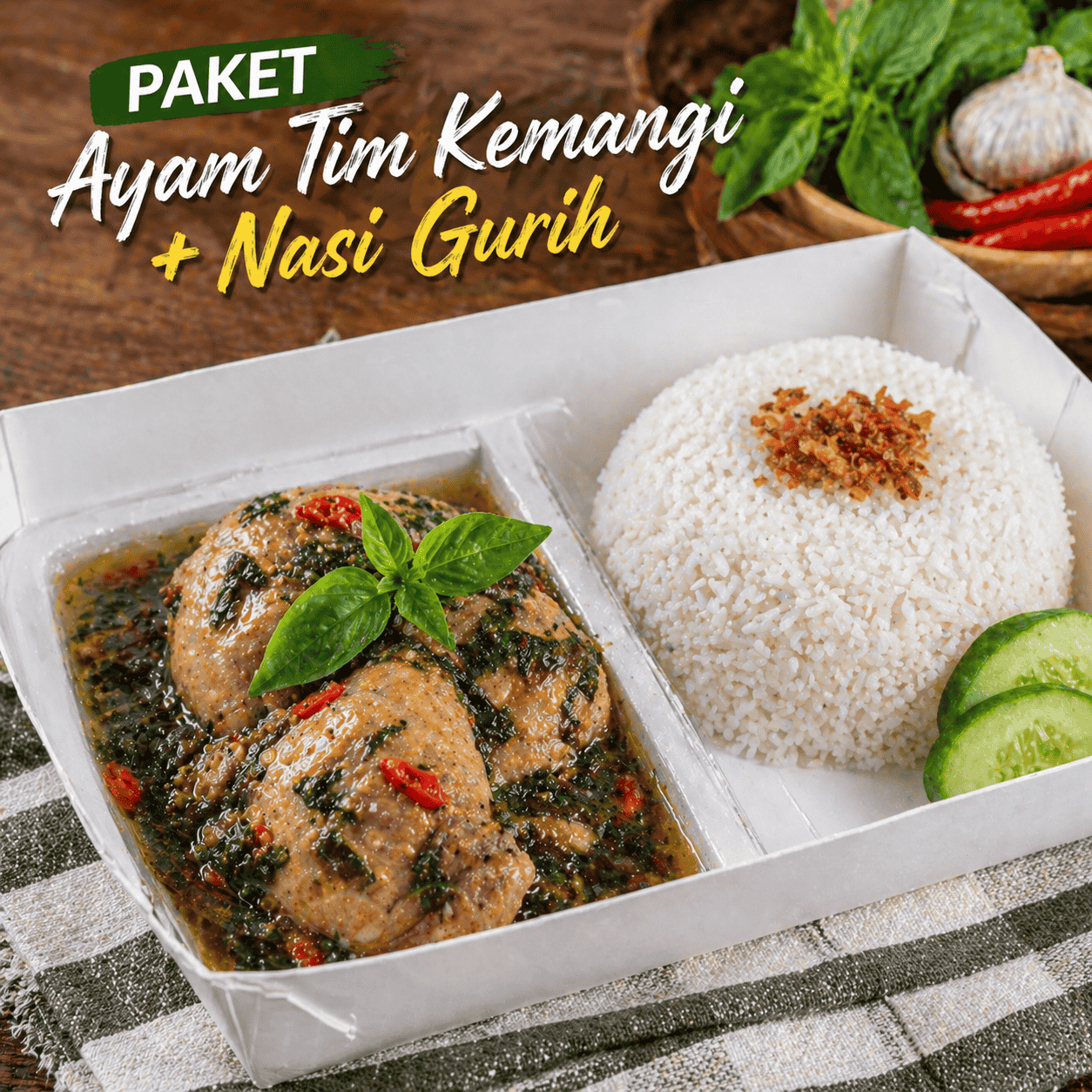 Paket Ayam Tim Kemangi dengan nasi gurih, lalap, dan sambal